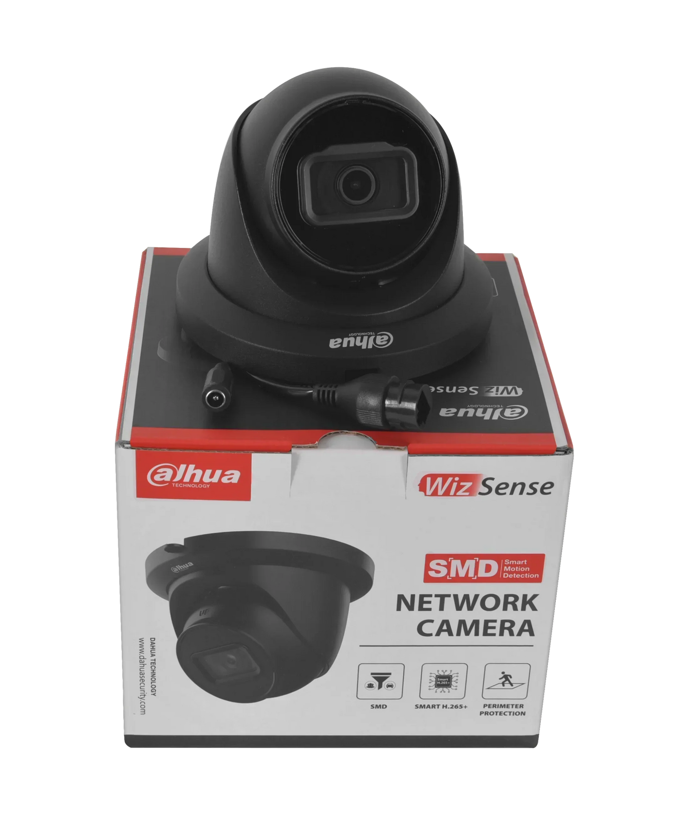 Dahua 8MP IR Fixed-focal WizSense Network Camera on box, equipped with built-in mic and SD card slot.