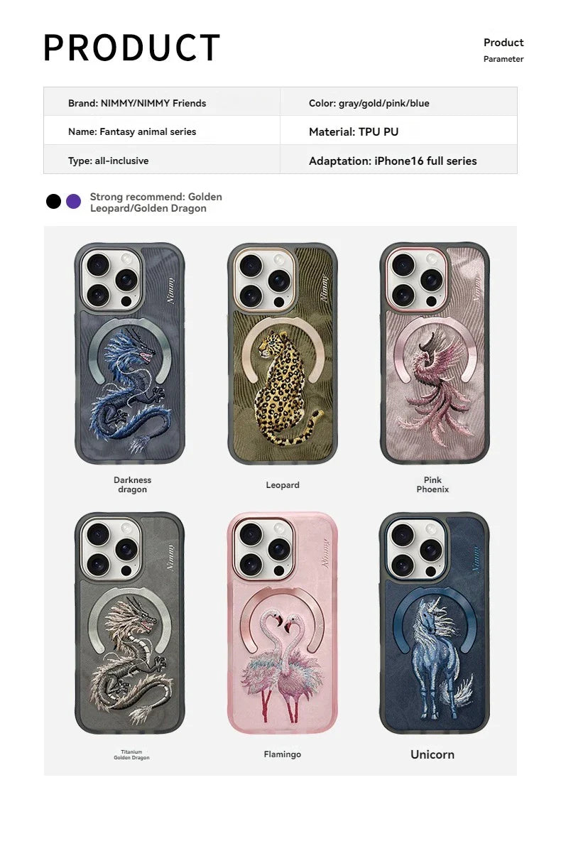 Dragon Phoenix 3D Embroidery Case for iPhone 16 Pro Max with MagSafe, featuring animal patterns, anti-fingerprint, non-slip design by NIMMY.