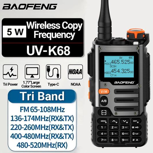 Baofeng UV-K68 Walkie Talkie Air Band Radio UHF VHF TYPE-C Charge