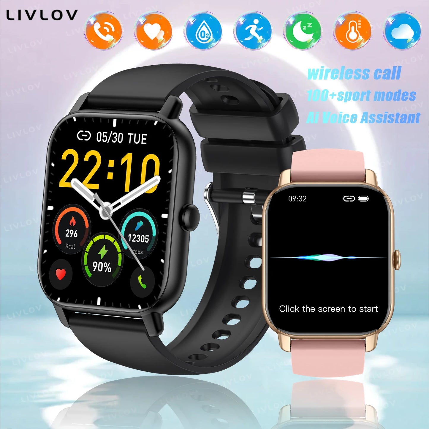 AI Voice Smart Watch 1.85 Inch HD Touch Fitness Tracker Wireless Call IP68 Waterproof