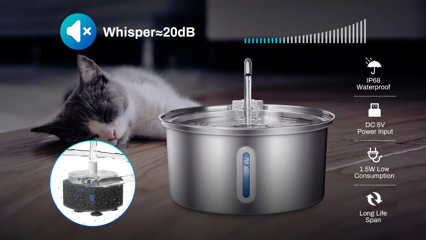 Stainless Steel Cat Water Fountain 108oz 3.2L with Quiet Pump and Filter