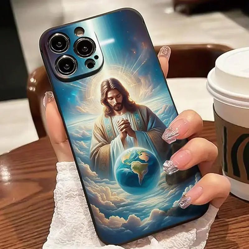 Jesus pattern phone case for iPhone 16 Pro Max to 11, anti-drop design.