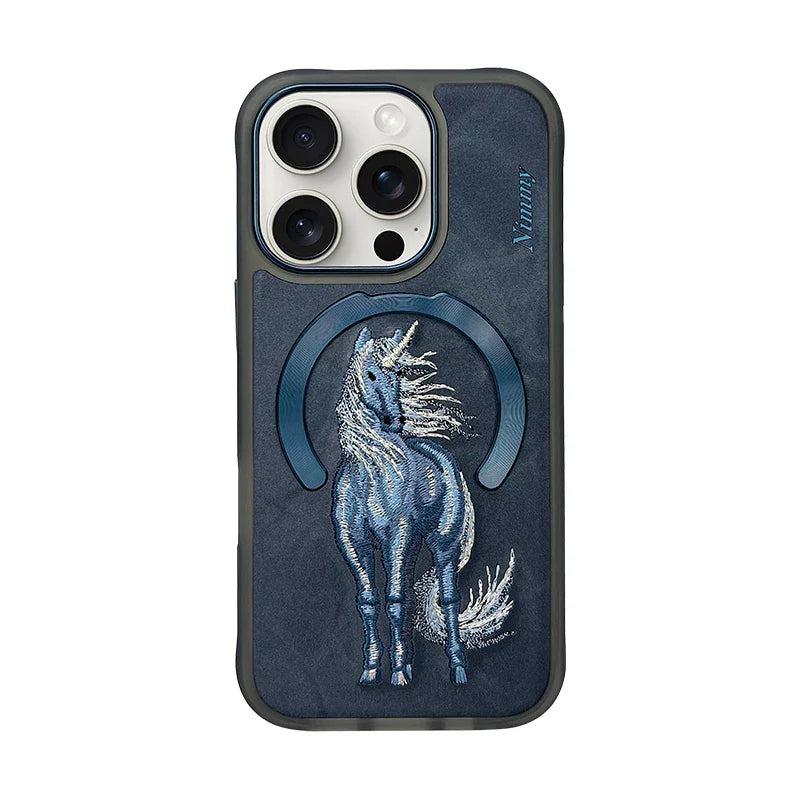 Dragon Phoenix 3D Embroidery Case for iPhone 16 Pro Max with MagSafe, featuring magnetic, anti-fingerprint, and non-slip design.