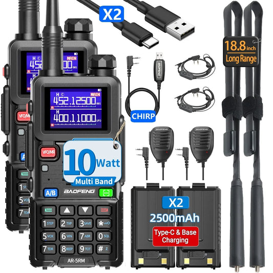 2PCS Baofeng AR-5RM 10W Walkie Talkie Multi Band Type-C Wireless Copy 999CH