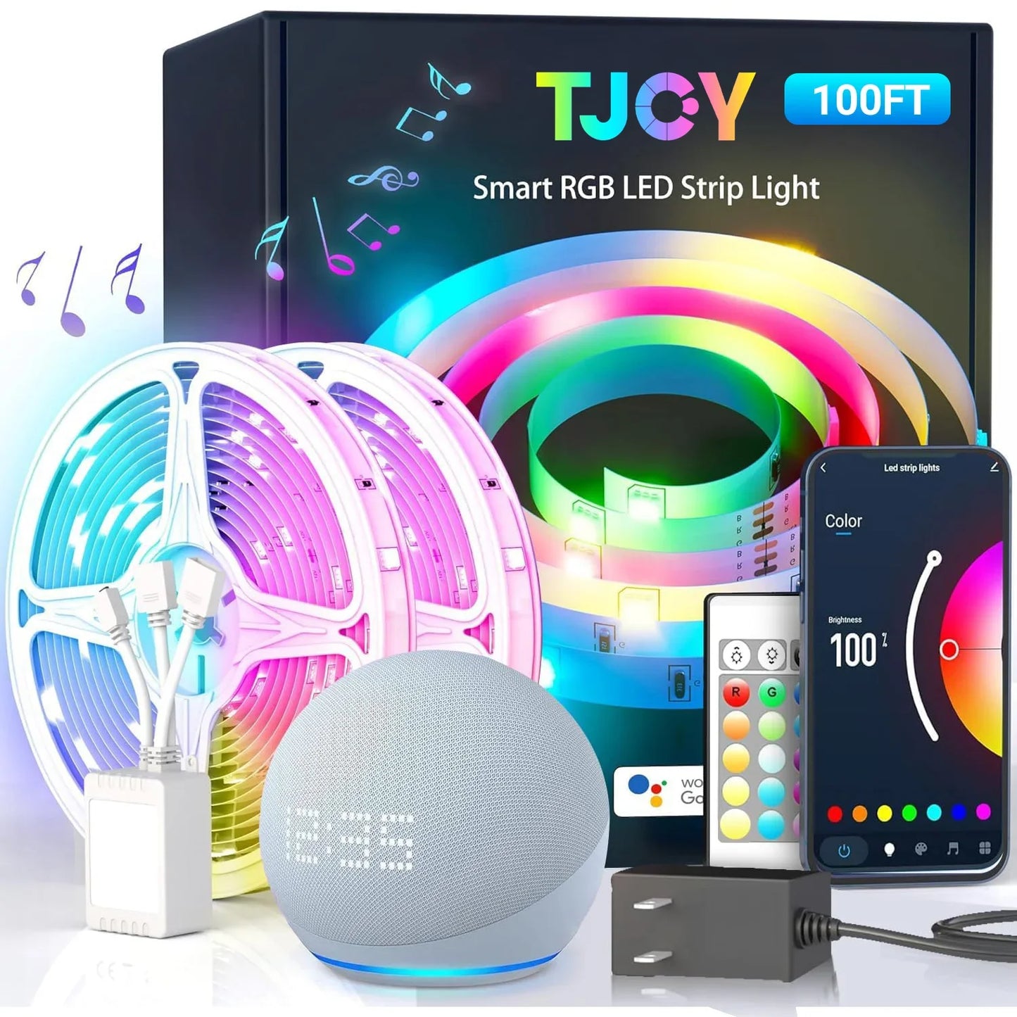 Indoor Smart WiFi LED Light Strip with App and Remote Control, RGB Colors, 100ft.