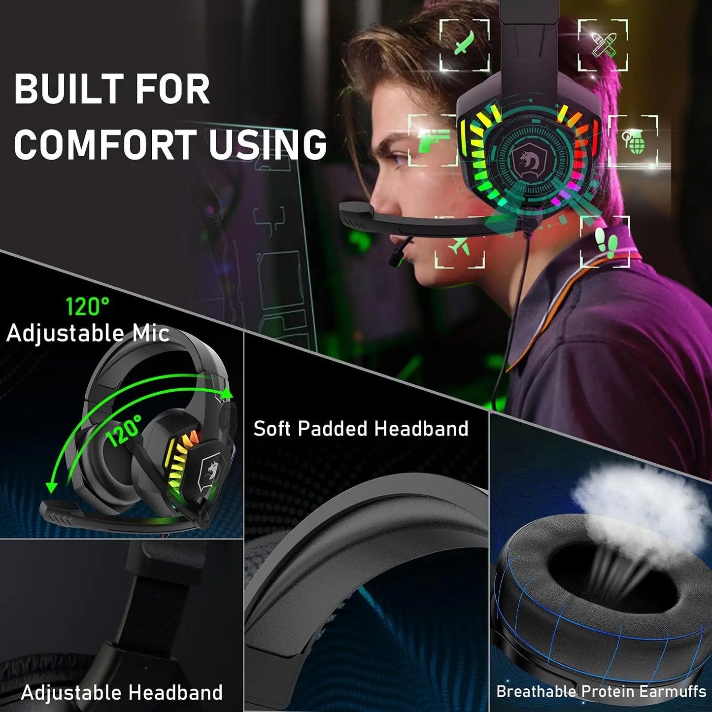 MAMBASNAKE CY907 RGB Gaming Headset 5.1 Surround Sound 3.5mm Wired Over-Ear Headphone