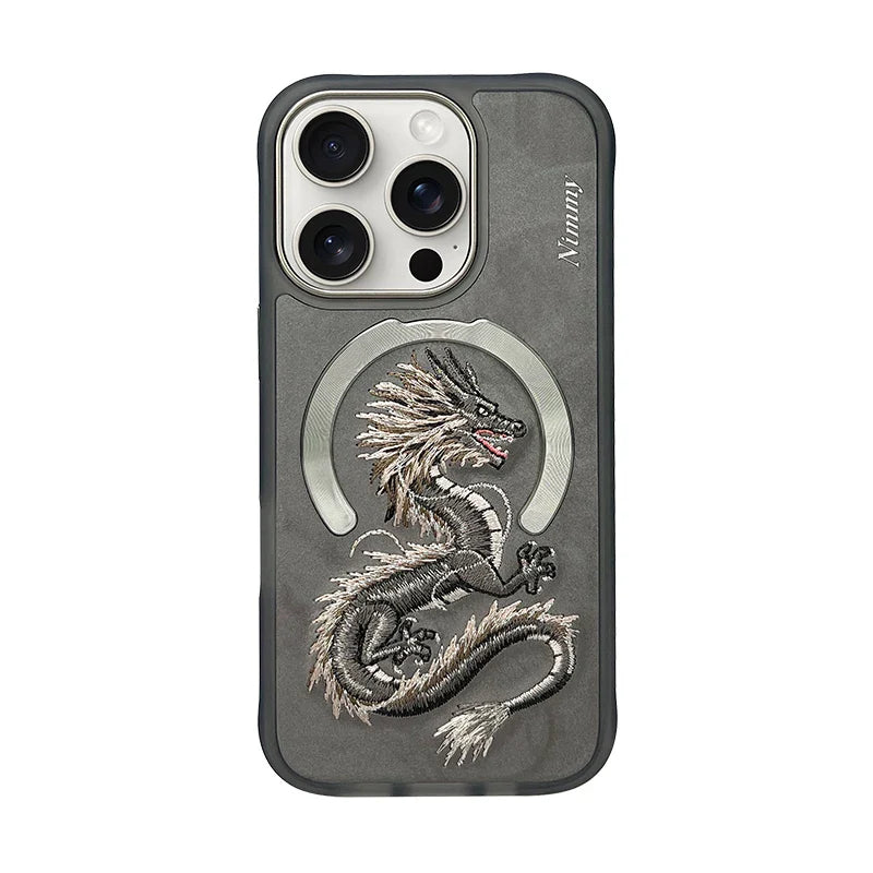 Dragon Phoenix 3D embroidery iPhone 16 Pro Max case with MagSafe, anti-fingerprint, non-slip design by NIMMY.