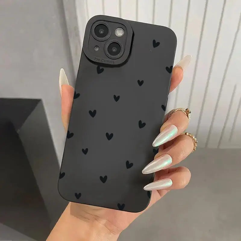 Black love heart phone case for iPhone, shockproof silicone soft cover.