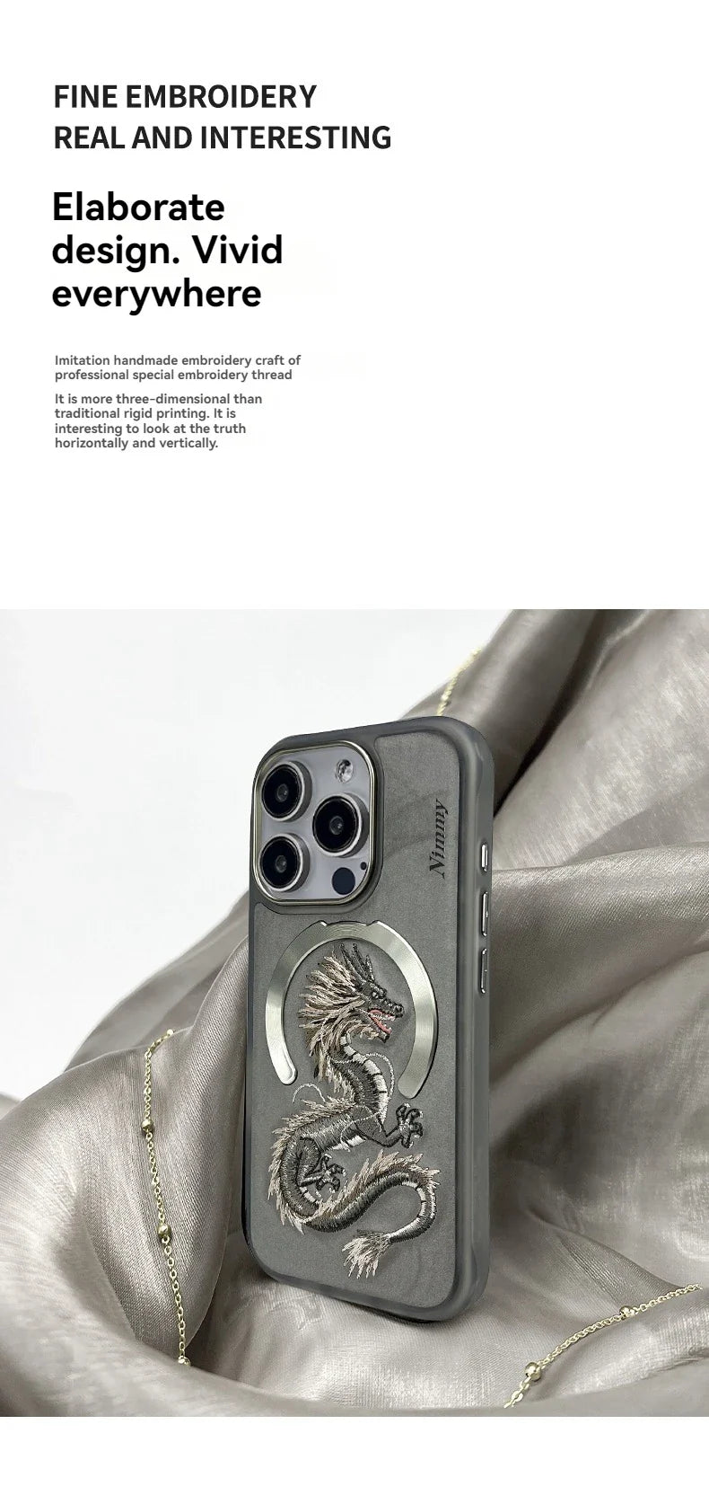 Dragon Phoenix 3D Embroidery iPhone 16 Pro Max Case with MagSafe from NIMMY, featuring a detailed pattern and anti-fingerprint texture.