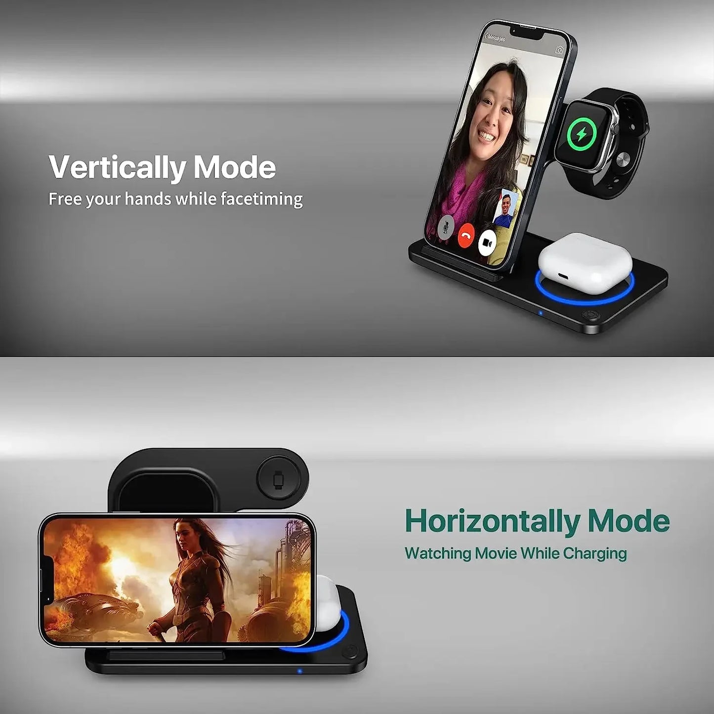 30W LED Fast Wireless Charger 3 in 1 Foldable Stand