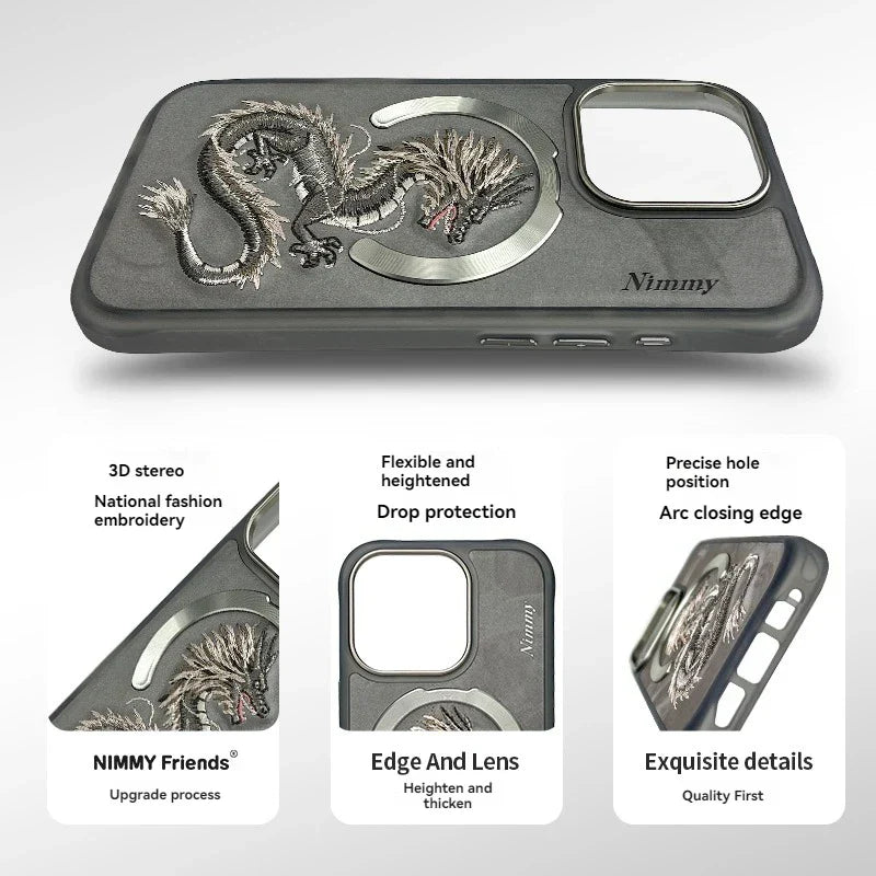 Dragon Phoenix 3D embroidery case for iPhone 16 Pro Max with MagSafe, featuring a magnetic, non-slip design and full coverage protection.