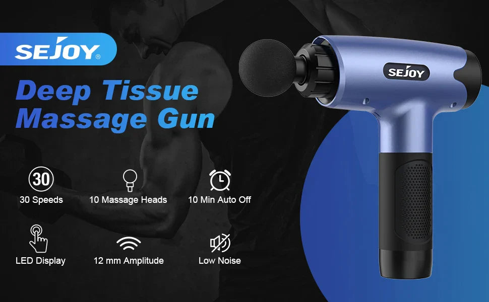 Sejoy Fascia Gun 30 Speed Massager with LED display and 10 heads in blue for deep relaxation and fatigue relief.