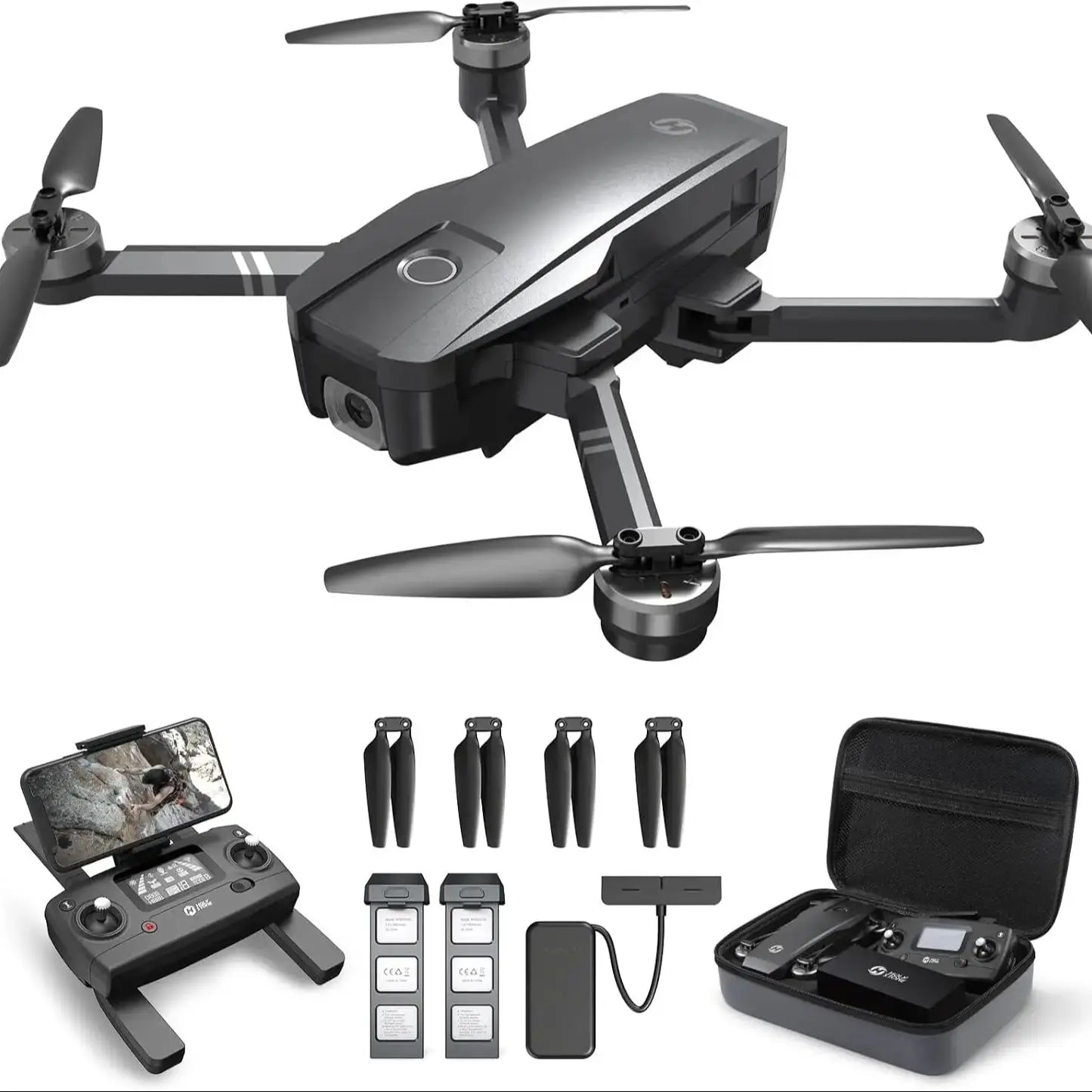 HolyStone HS720 GPS drone with 4K UHD camera, foldable design, remote control, extra propellers, batteries, and carrying case.
