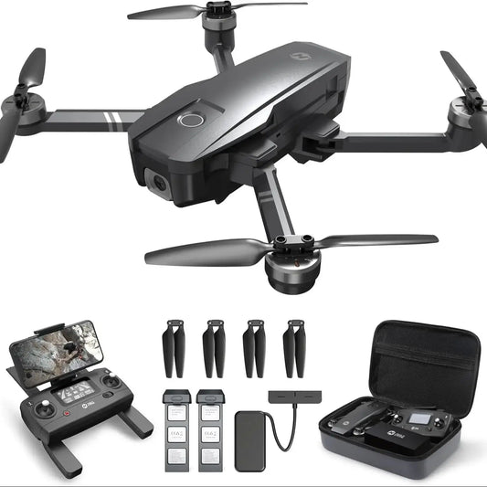 HolyStone HS720 GPS drone with 4K UHD camera, foldable design, remote control, extra propellers, batteries, and carrying case.