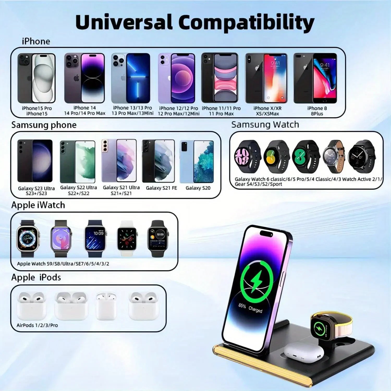 4-in-1 Fast Charging Wireless Station with universal compatibility for phones, smartwatches, and earphones.