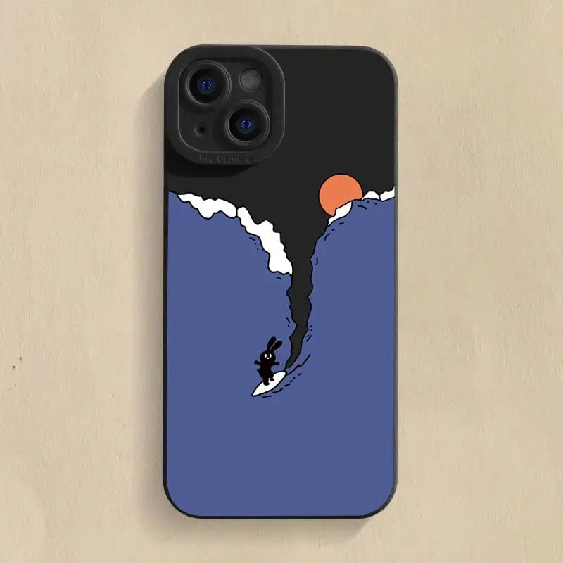 Cartoon Surfing Bear phone case for iPhone 16 Pro Max to X with ocean wave design.