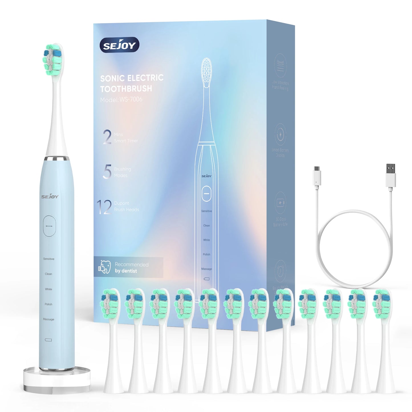 Smart Rechargeable Electric Toothbrush with 12 Heads 5 Modes