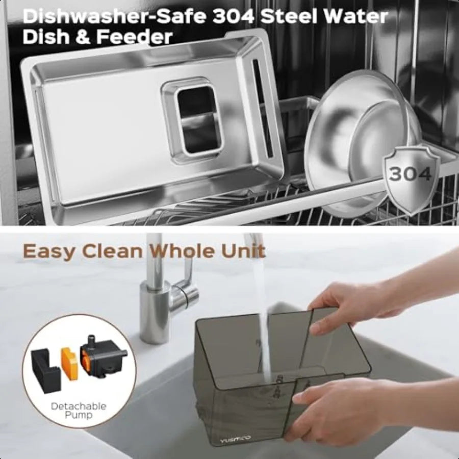 Automatic Cat Water Fountain with Food Bowl 2.2L 74oz 2in1 Pet Fountain 304 Stainl Steel Bowl UltraQuiet LED Indicator BPAFree