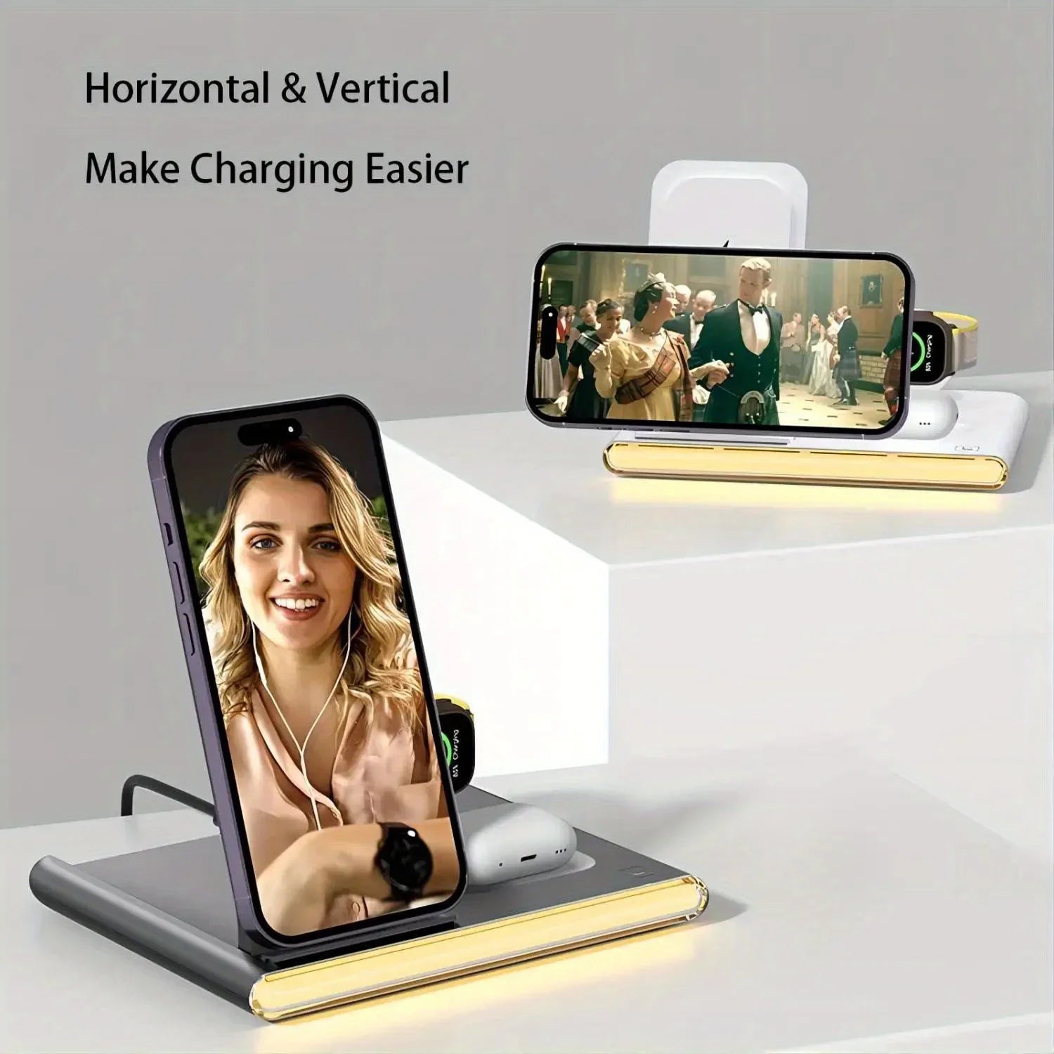 4-in-1 fast charging wireless station for phones, smartwatches, and earphones with foldable design and Type C connector.