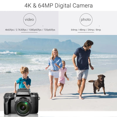 Digital Camera 4K 64MP WiFi Vlogging Camera with Flash Lens Hood Dual Cameras 4" Touch Screen
