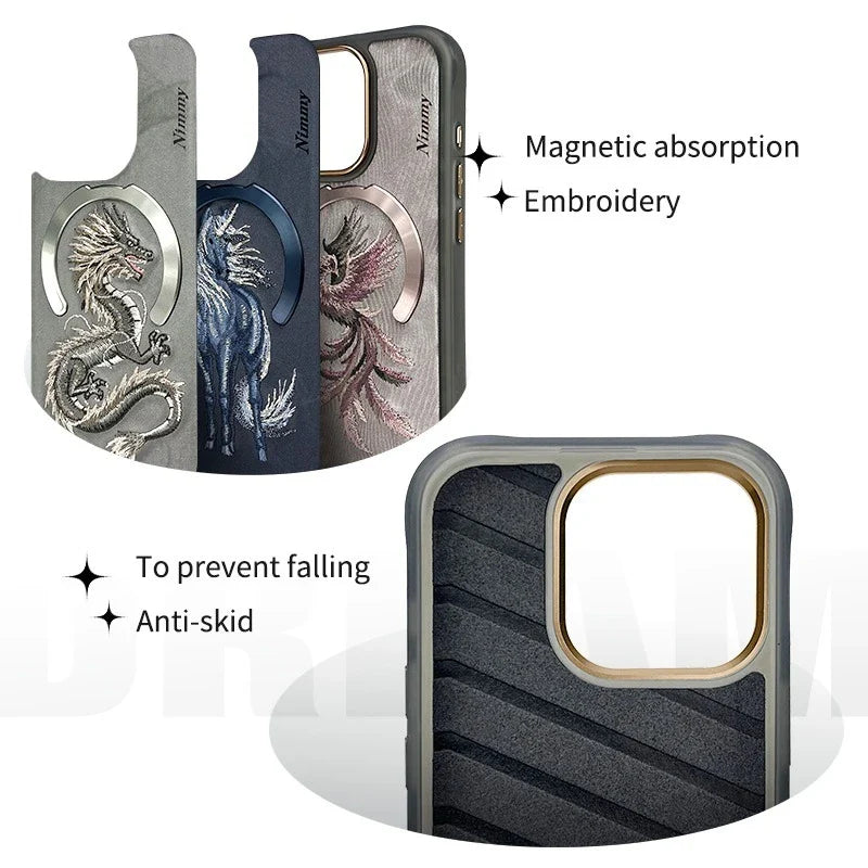 3D embroidered Dragon Phoenix iPhone 16 Pro Max case with MagSafe, anti-fingerprint, non-slip design.