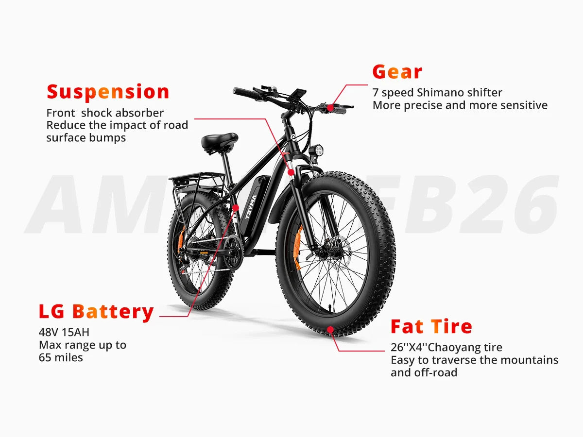 AMYET EB26 1000W Electric Mountain Bike, 48V 26" Fat Tire, Dual Shock, Disc Brakes, 7-Speed Shimano, Aluminum Alloy Frame.