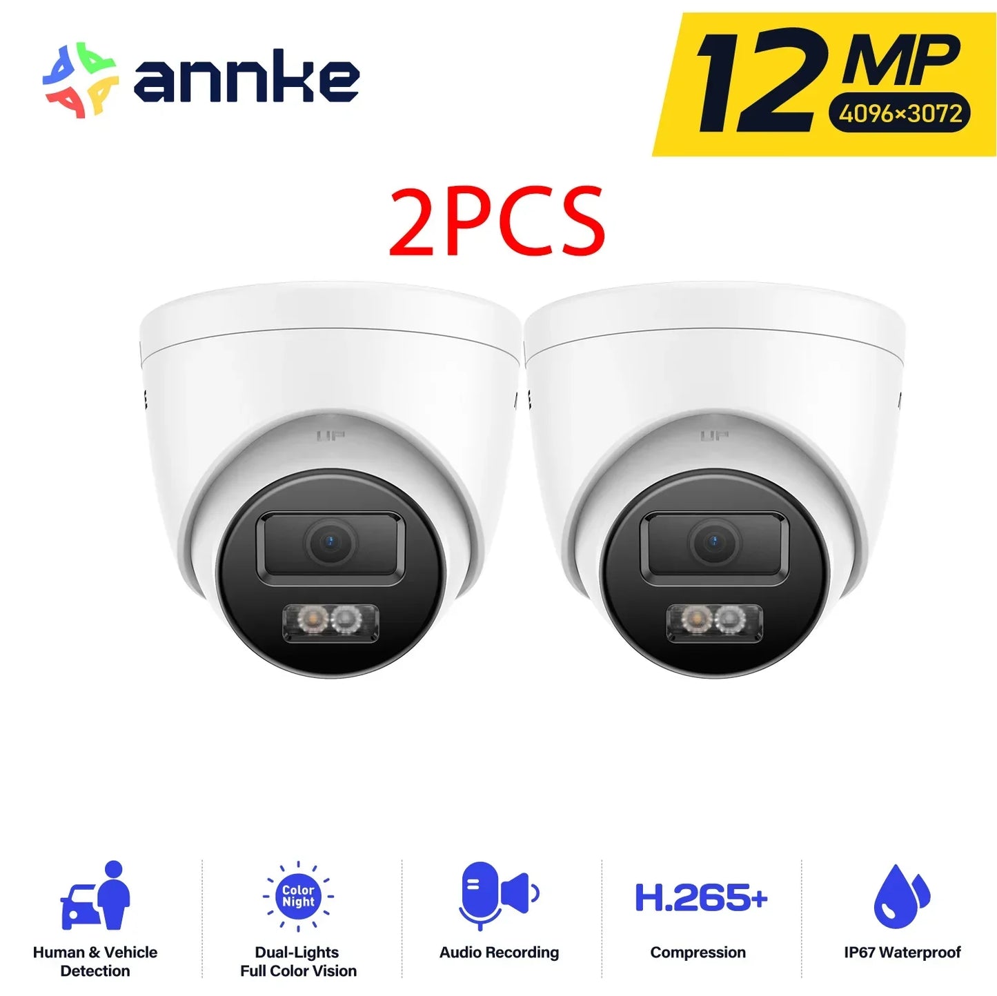 ANNKE 12MP PoE IP security cameras with dual light color night vision, audio recording, H.265+ compression, and IP67 waterproof rating, 2-pack.