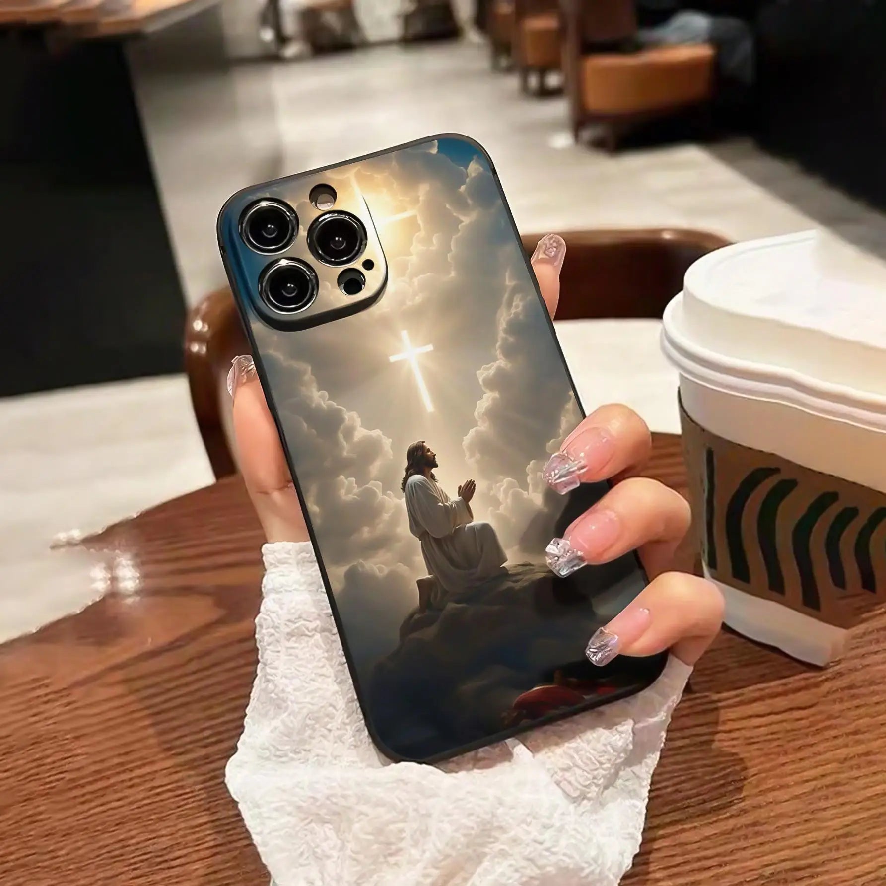 Jesus painting anti-drop phone case for iPhone 16 Pro Max to X/XS, clouds and cross design.