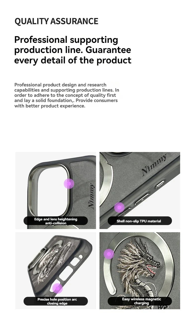 Dragon Phoenix 3D Embroidery Case for iPhone 16 Pro Max with MagSafe, featuring magnetic, anti-fingerprint, non-slip design.