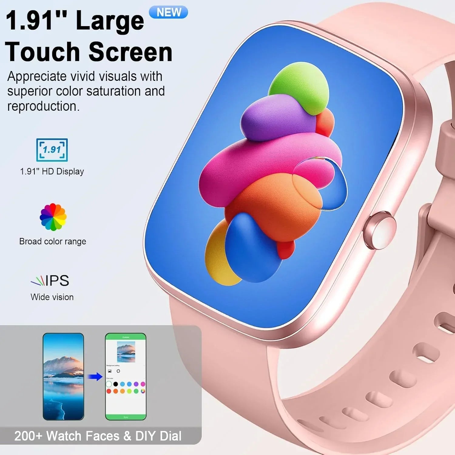 1.91 Inch Smartwatch with large touch screen, waterproof fitness tracker, supports calls, heart and sleep monitoring.