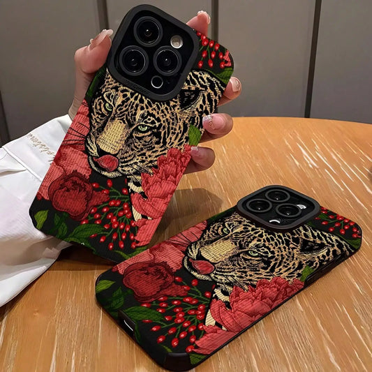 Vintage Rose anti-drop phone case with leopard design for iPhone 16 Pro Max to X/XS.