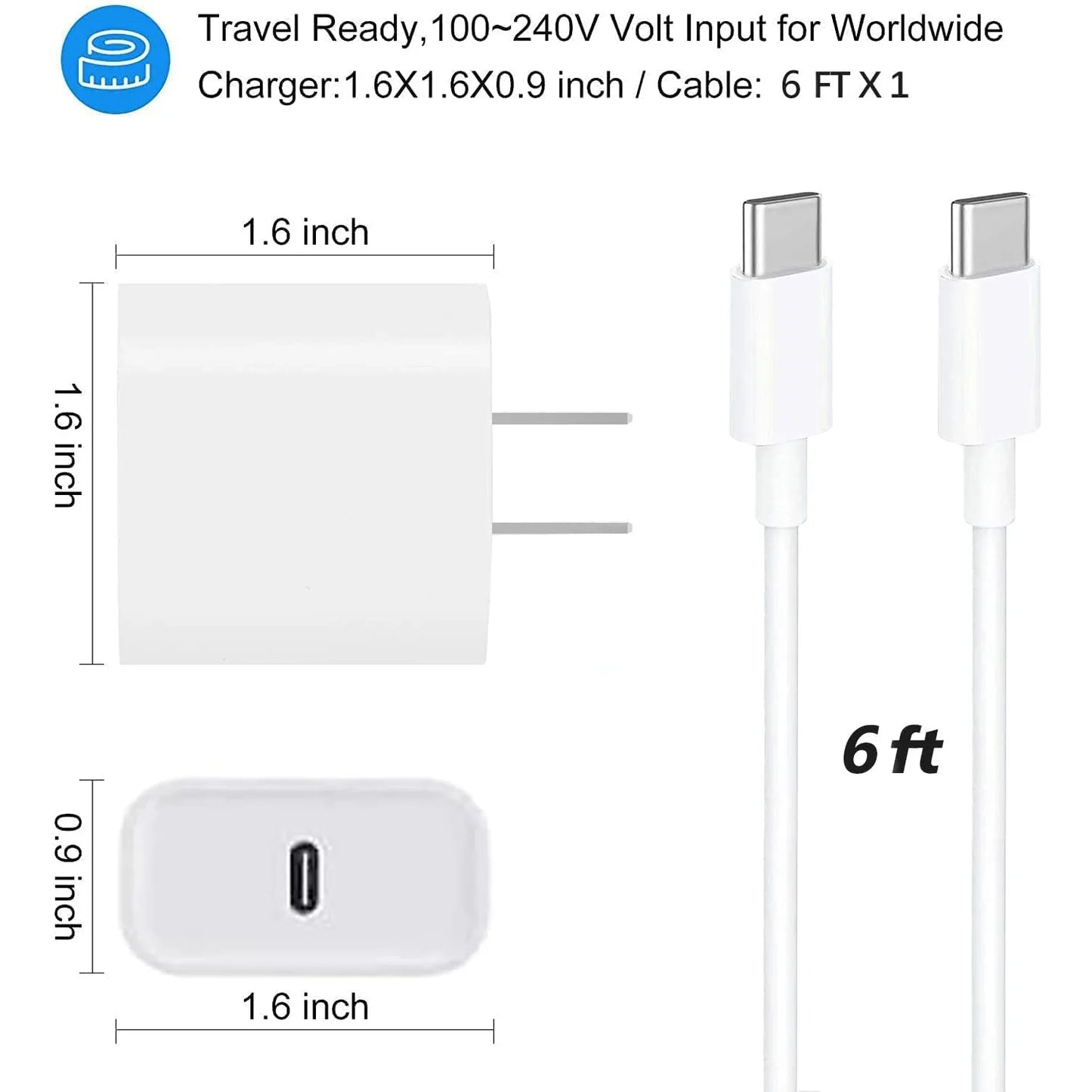 Fast Charging Wall Charger with 6FT USB C to C Cable for iPhone15/iPhone16/ iPad