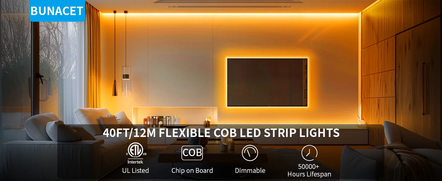 40FT COB LED Strip Light Warm White 3000K with RF Remote