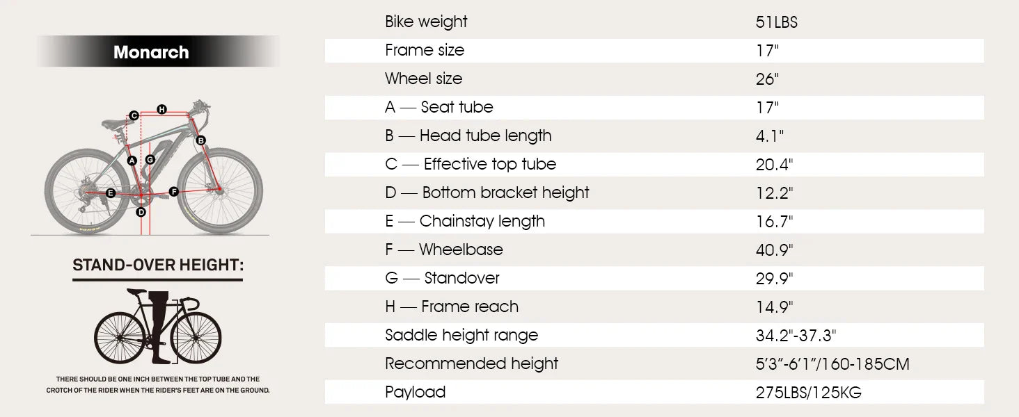 HILAND 26 Inch Electric Mountain Bike specifications chart with frame geometry details and recommended height.