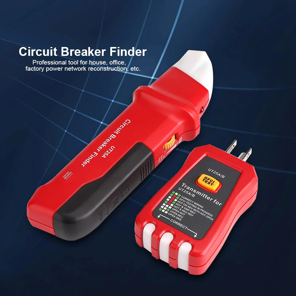 Professional circuit breaker finder and socket tester diagnostic tool with adjustable sensitivity for electrical testing.