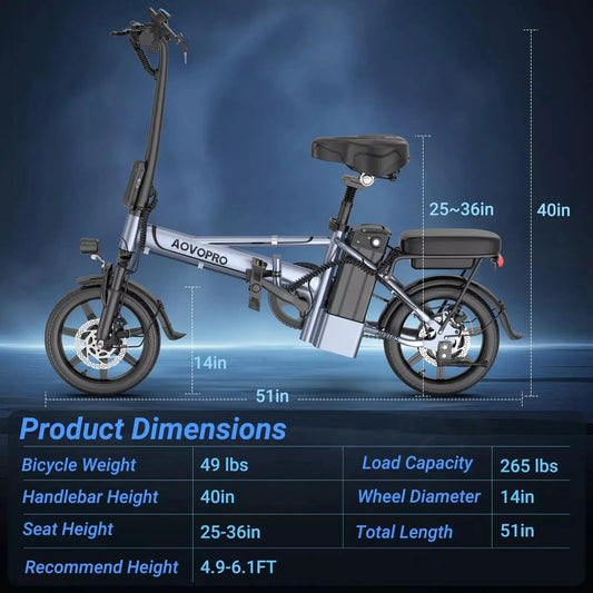 AOVOPRO 14inch EB60 Foldable Ebike 500W 48V 10.4AH Electric Bicycle 22MPH 28Miles Long Range with Two Seats for Adult