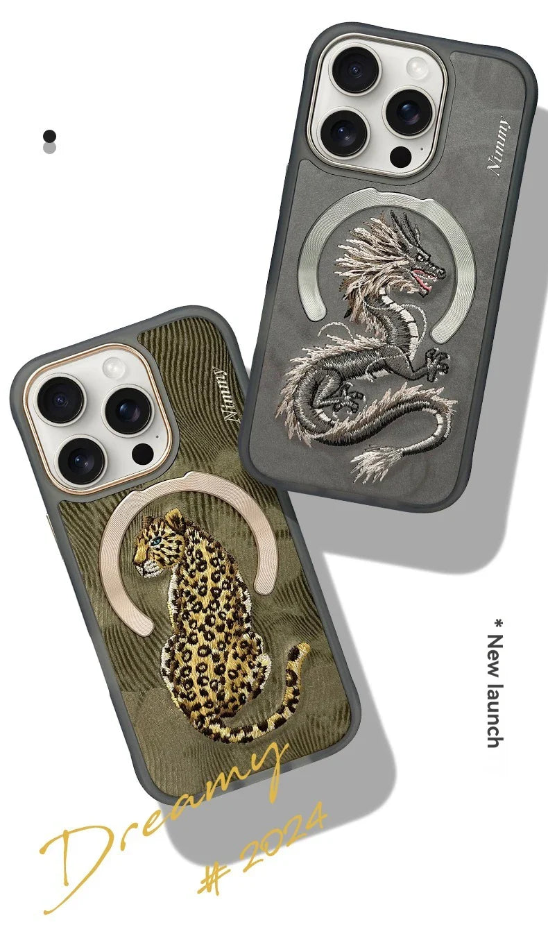 Dragon Phoenix 3D Embroidery Case for iPhone 16 Pro Max with MagSafe, featuring intricate animal patterns and non-slip texture.
