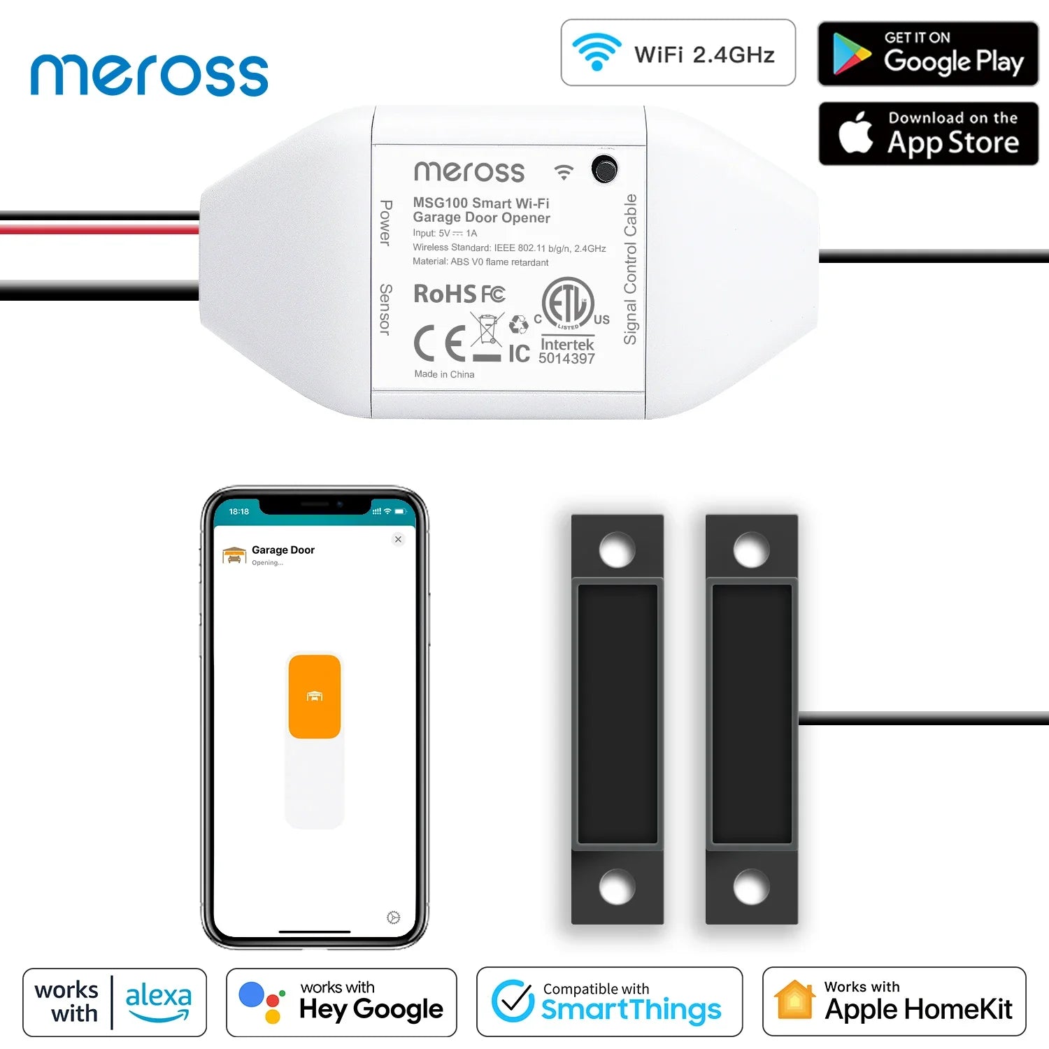Meross HomeKit WiFi Smart Garage Door Opener Controller, Model MGS100, compatible with Alexa and Apple HomeKit.