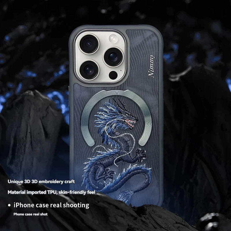 Dragon Phoenix 3D Embroidery Case for iPhone 16 Pro Max with MagSafe, featuring magnetic, anti-fingerprint, non-slip design.