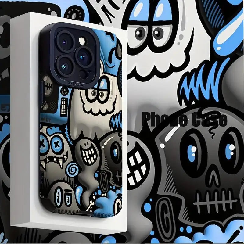 Cartoon graffiti phone case for iPhone 16 Pro Max to 11 with blue and black illustrated design.