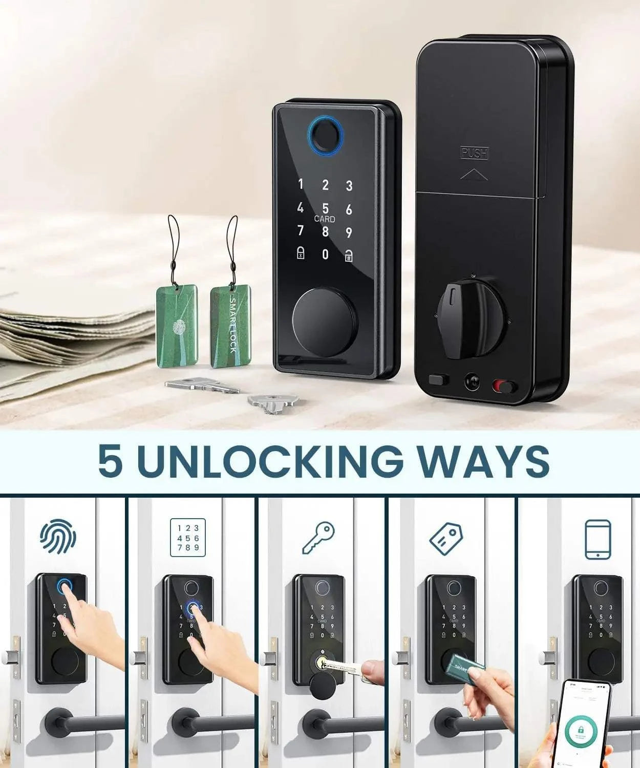 Fingerprint Smart Door Lock with Keypad and Biometric Features, Bluetooth Connectivity, Powder Coated Finish.