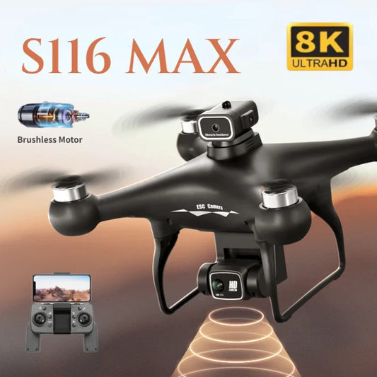 MAX 8K drone with dual cameras, brushless motor, and remote controller showing live aerial footage, black quadcopter design