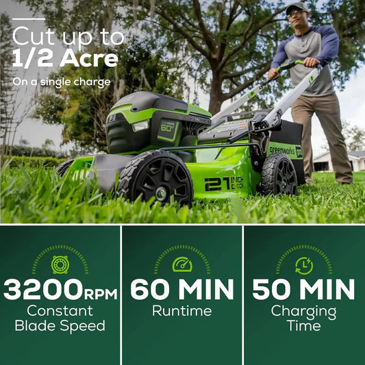 60V 21” Cordless Lawn Mower with LED lights and aluminum handles, shown in a grassy yard.