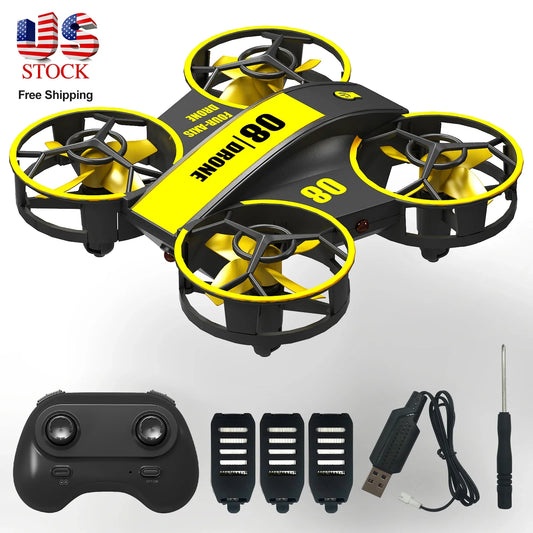 Mini yellow and black mini drone for kids with remote control, three batteries, USB charger, and screwdriver indoor flying toy