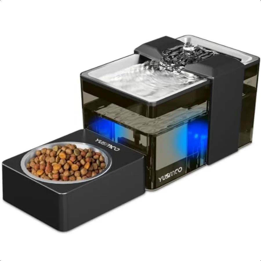 Automatic Cat Water Fountain with Food Bowl 2.2L 74oz 2in1 Pet Fountain 304 Stainl Steel Bowl UltraQuiet LED Indicator BPAFree