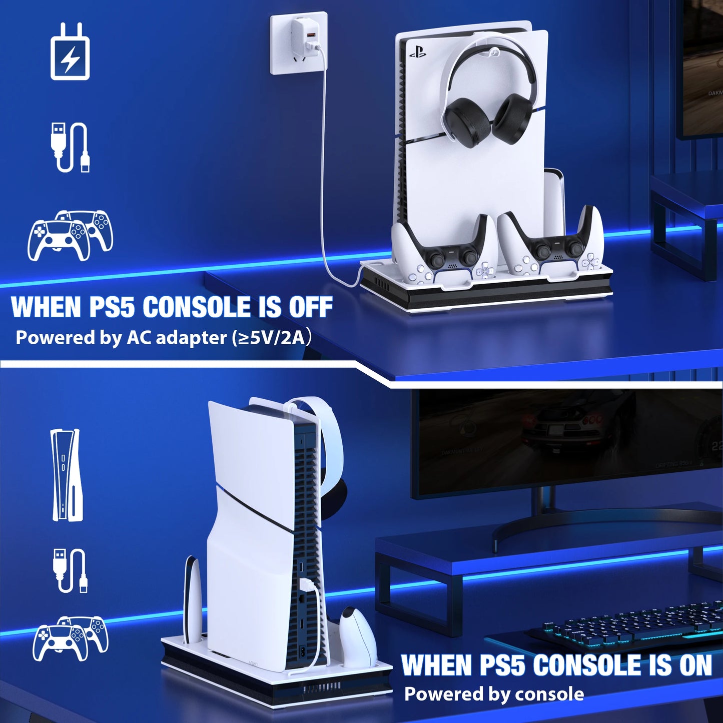 PS5 Stand Cooling Station Controller Charger for Slim Disc Digital Console
