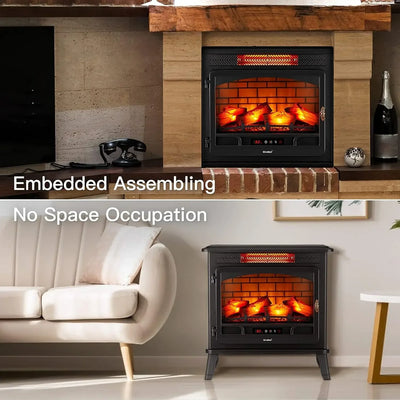 3D freestanding infrared fireplace heater with remote control in living room setting.