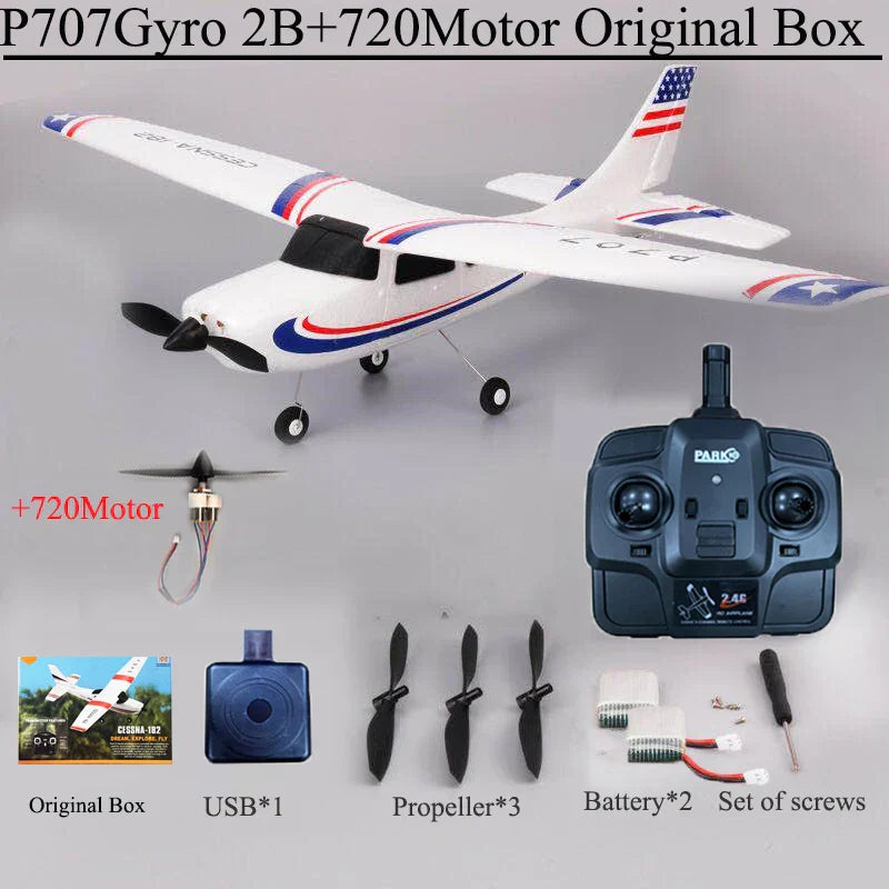 Park10 RC Airplane P707G with controller, propellers, battery, charger, and parts in original box.