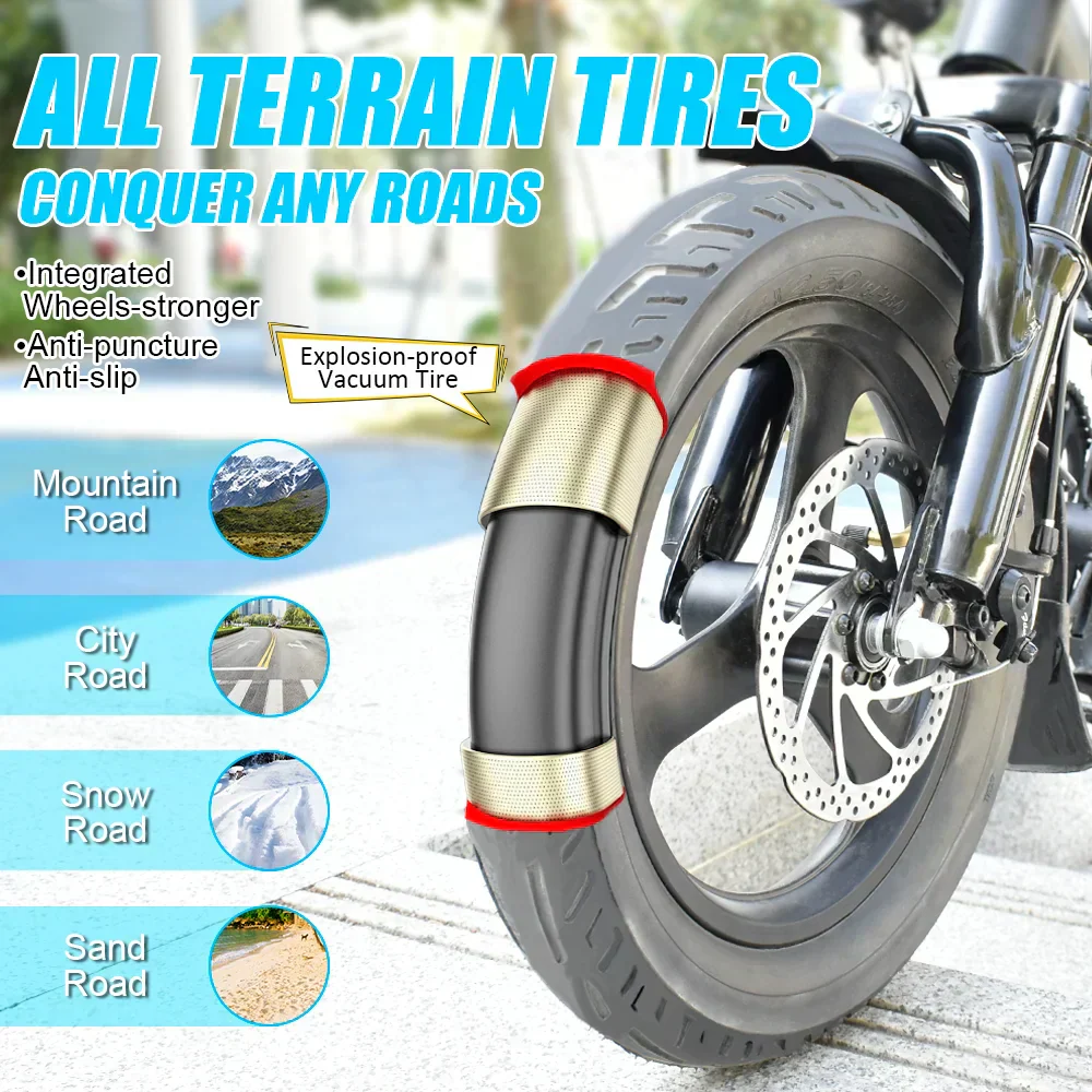 Fat tire ebike with all-terrain tires suitable for mountain, city, snow, and sand roads.