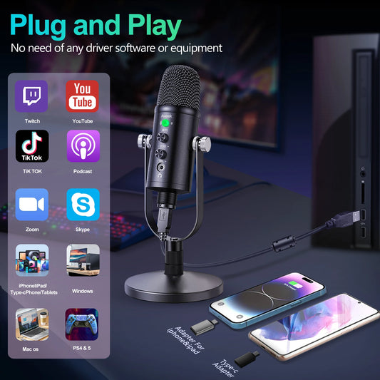 Mercase USB Condenser Microphone with Mute and Plug and Play